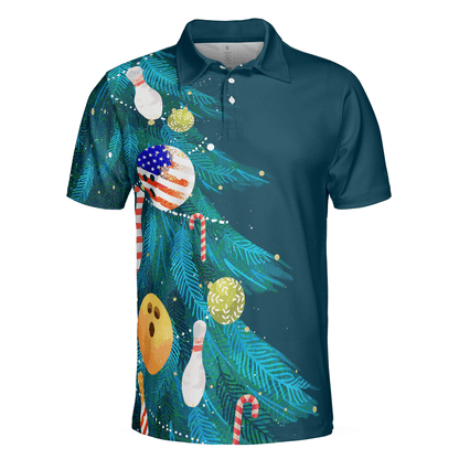 Bowling Men Polo Shirt - Christmas Tree Decorations with Bowling, American Flag Bowling Polo Shirt - Gift For Friend, Family, Bowling Lovers - Amzanimalsgift