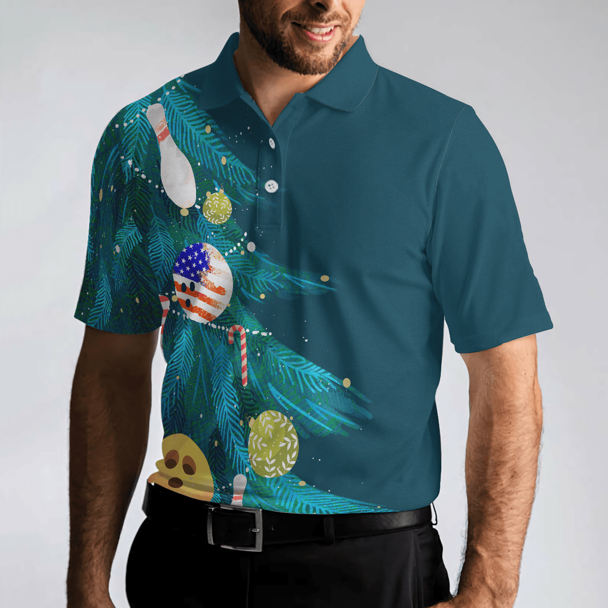 Bowling Men Polo Shirt - Christmas Tree Decorations with Bowling, American Flag Bowling Polo Shirt - Gift For Friend, Family, Bowling Lovers - Amzanimalsgift
