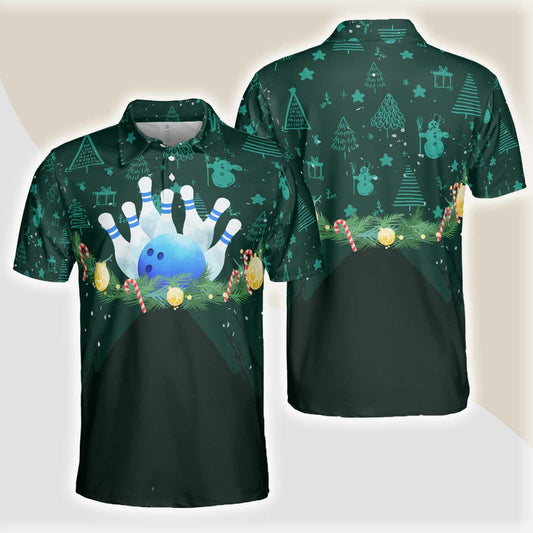 Bowling Men Polo Shirt - Christmas Wreath With Bowling Balls, Christmas Pattern Bowling Polo Shirt - Gift For Friend, Family, Bowling Lovers - Amzanimalsgift