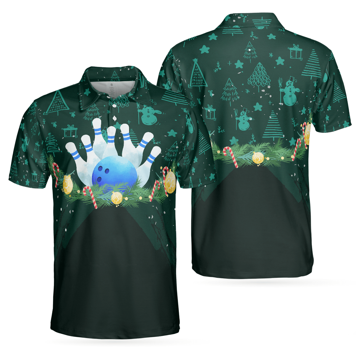 Bowling Men Polo Shirt - Christmas Wreath With Bowling Balls, Christmas Pattern Bowling Polo Shirt - Gift For Friend, Family, Bowling Lovers - Amzanimalsgift