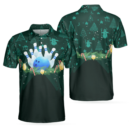 Bowling Men Polo Shirt - Christmas Wreath With Bowling Balls, Christmas Pattern Bowling Polo Shirt - Gift For Friend, Family, Bowling Lovers - Amzanimalsgift