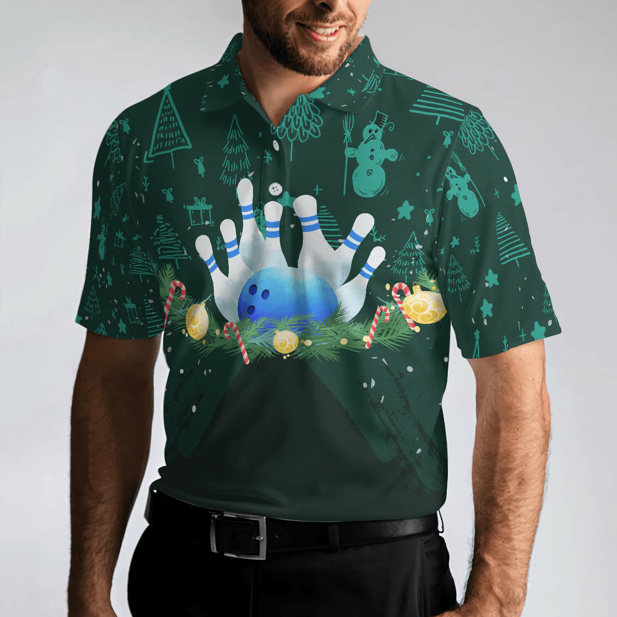 Bowling Men Polo Shirt - Christmas Wreath With Bowling Balls, Christmas Pattern Bowling Polo Shirt - Gift For Friend, Family, Bowling Lovers - Amzanimalsgift