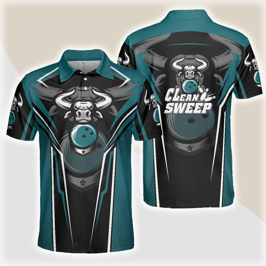 Bowling Men Polo Shirt - Clean Sweep Bowling Bull, Digital Bowling Alley Bowling Polo Shirt - Gift For Friend, Family, Bowling Lovers - Amzanimalsgift