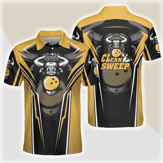 Bowling Men Polo Shirt - Clean Sweep Yellow Bull Bowling, Digital Bowling Alley Bowling Polo Shirt - Gift For Friend, Family, Bowling Lovers - Amzanimalsgift