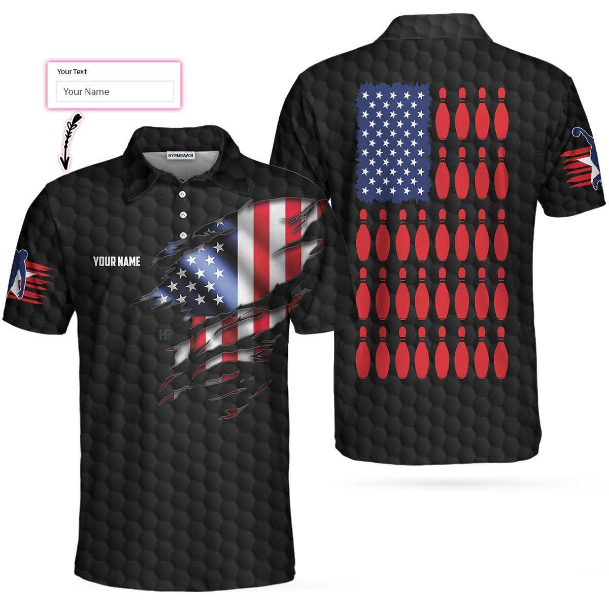 Bowling Men Polo Shirt Custom Name - Black American Flag Personalized Bowling Polo Shirt - Perfect Gift For Friend, Family, Bowling Lovers - Amzanimalsgift
