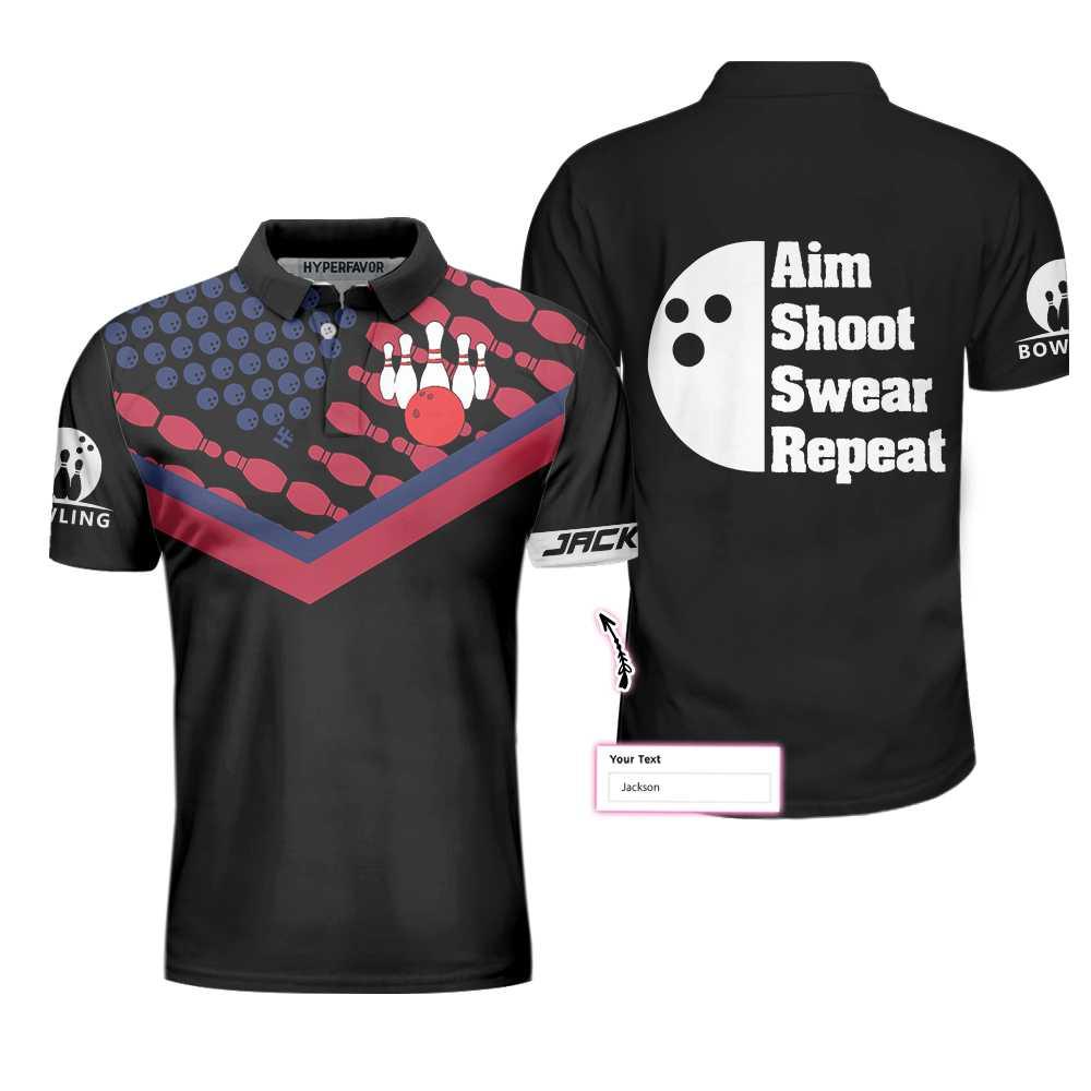 Bowling Men Polo Shirt Custom Name - Bowling Aim Shoot Swear Repeat Personalized Bowling Polo Shirt - Gift For Friend, Family, Bowling Lovers - Amzanimalsgift