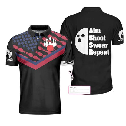 Bowling Men Polo Shirt Custom Name - Bowling Aim Shoot Swear Repeat Personalized Bowling Polo Shirt - Gift For Friend, Family, Bowling Lovers - Amzanimalsgift