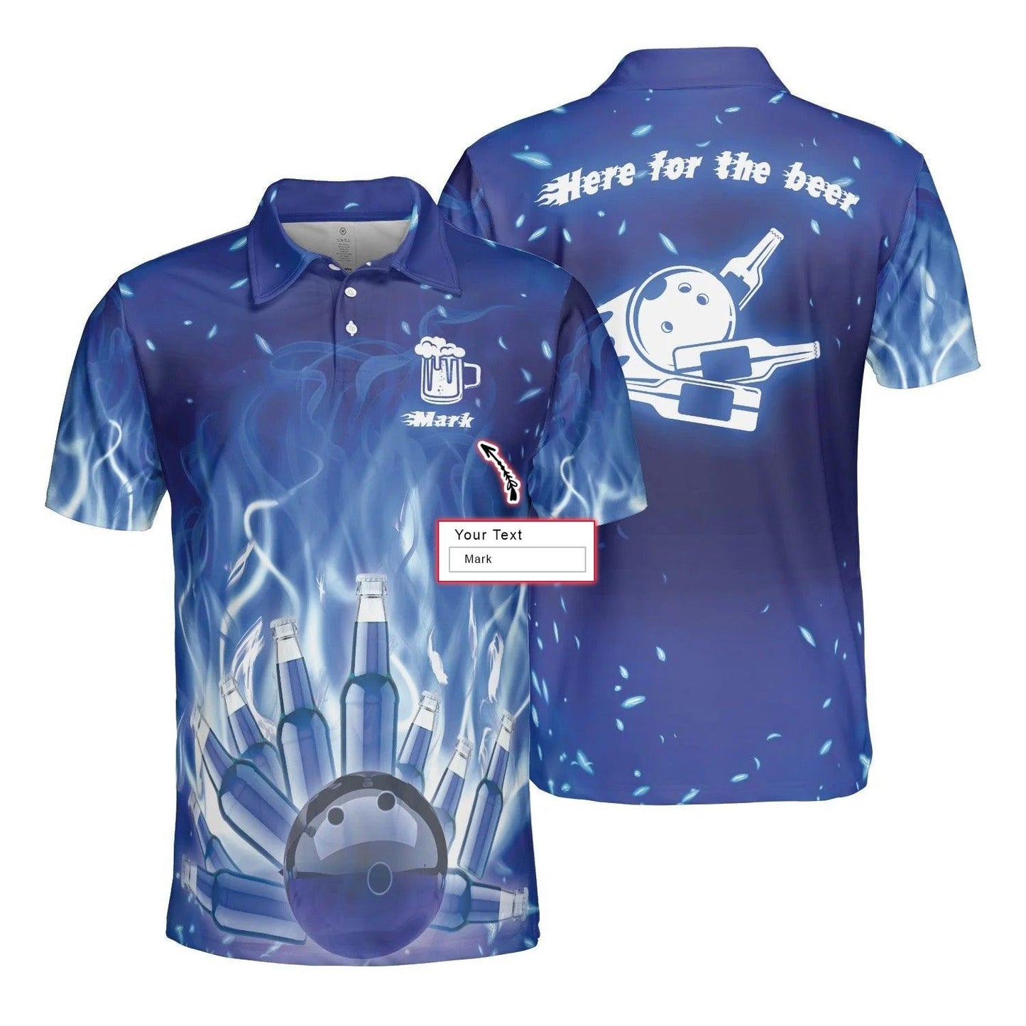 Bowling Men Polo Shirt Custom Name - Bowling Ball Blue Fire, Here For The Beer Personalized Bowling Polo Shirt - Gift For Friend, Family, Bowling Lovers - Amzanimalsgift