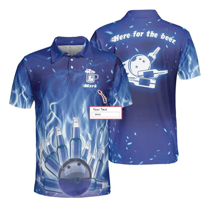 Bowling Men Polo Shirt Custom Name - Bowling Ball Blue Fire, Here For The Beer Personalized Bowling Polo Shirt - Gift For Friend, Family, Bowling Lovers - Amzanimalsgift