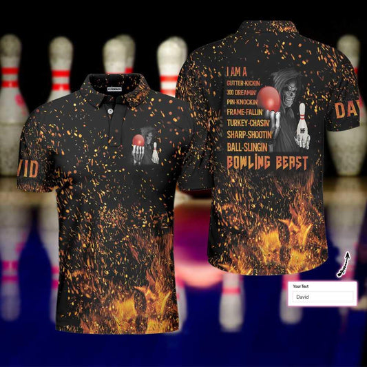 Bowling Men Polo Shirt Custom Name - Bowling Beast Flame Pattern Personalized Bowling Polo Shirt - Gift For Friend, Family, Bowling Lovers - Amzanimalsgift