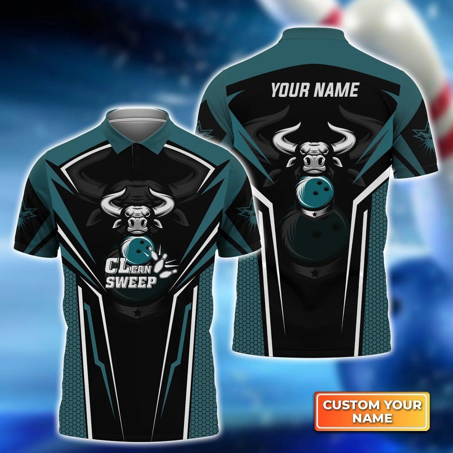 Bowling Men Polo Shirt Custom Name - Bowling Bull Clean Sweep Turquoise Black Personalized Name Polo Shirt For Men, Bowler, Friend, Family - Amzanimalsgift