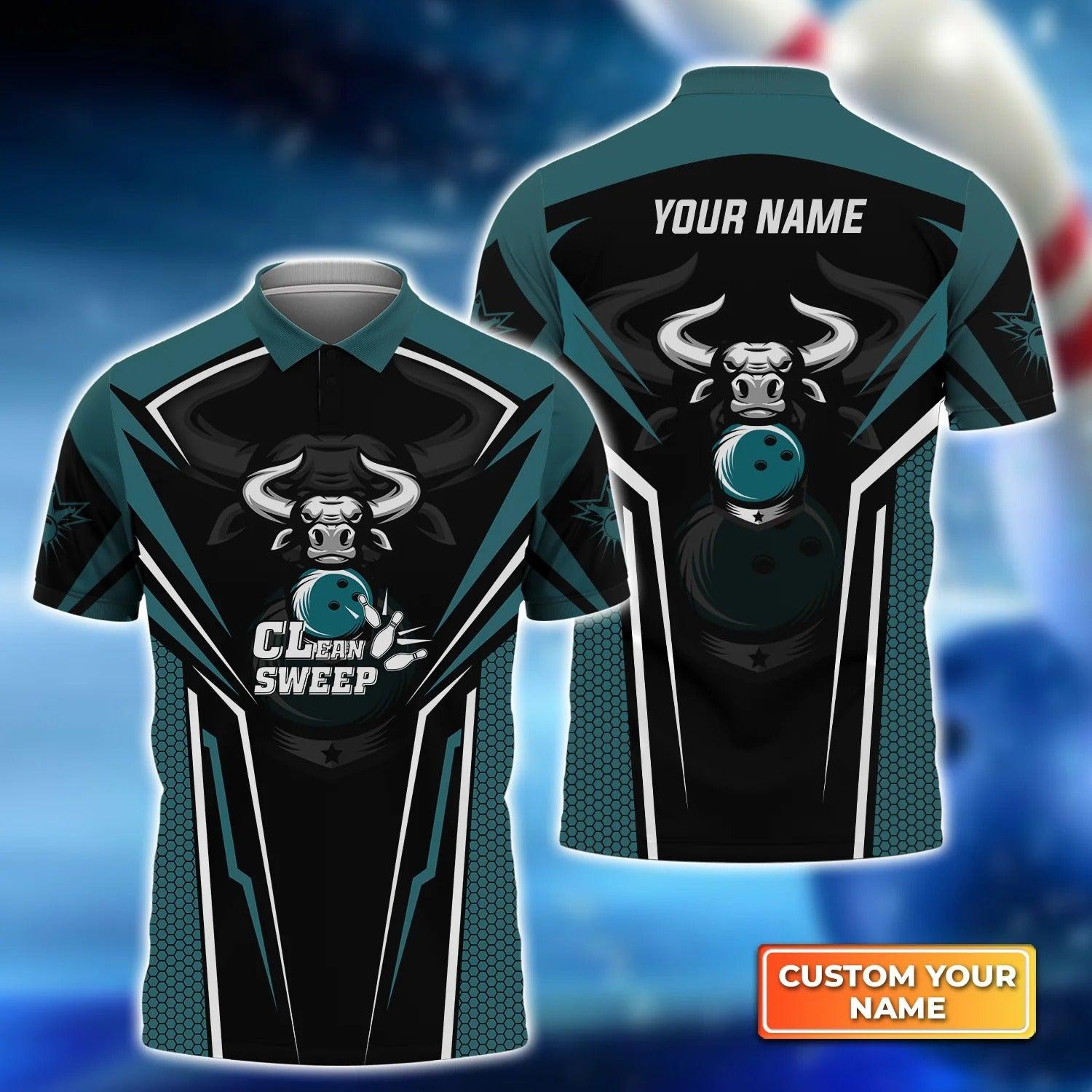 Bowling Men Polo Shirt Custom Name - Bowling Bull Clean Sweep Turquoise Black Personalized Name Polo Shirt For Men, Bowler, Friend, Family - Amzanimalsgift