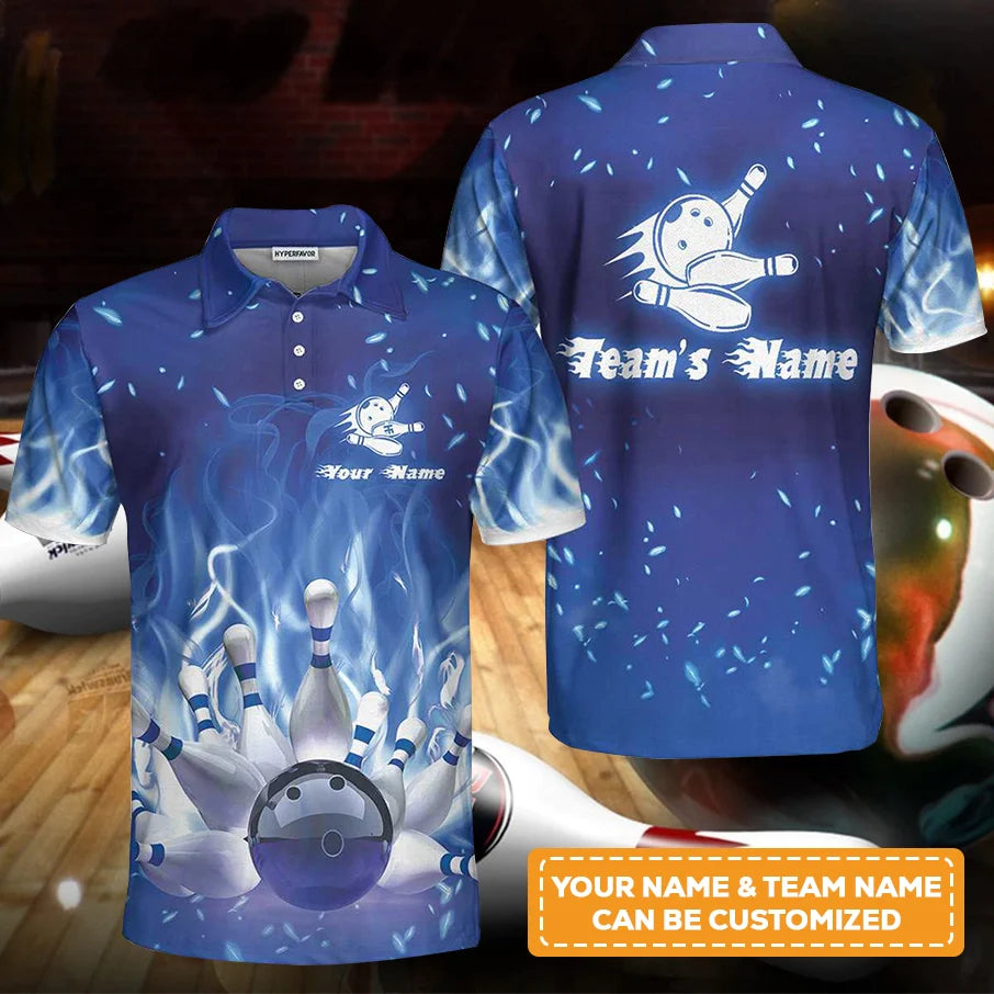 Bowling Men Polo Shirt Custom Name - Bowling On Blue Fire Personalized Bowling Polo Shirt - Gift For Friend, Family, Bowling Lovers - Amzanimalsgift