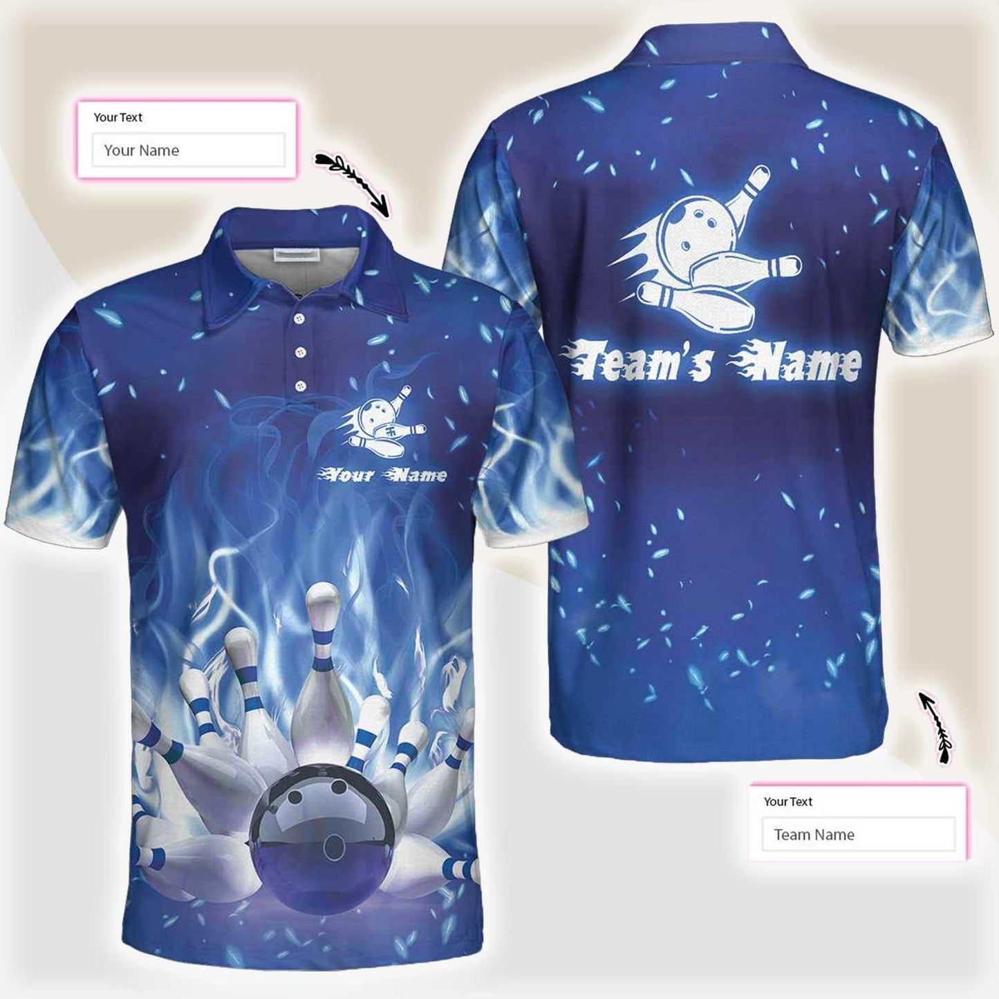 Bowling Men Polo Shirt Custom Name - Bowling On Blue Fire Personalized Bowling Polo Shirt - Gift For Friend, Family, Bowling Lovers - Amzanimalsgift