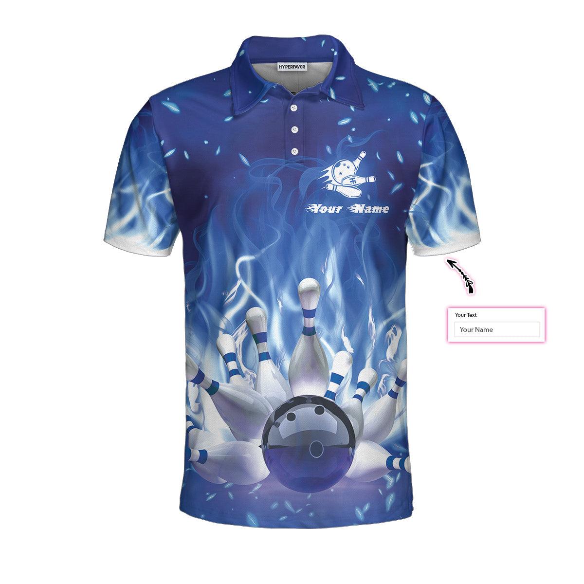 Bowling Men Polo Shirt Custom Name - Bowling On Blue Fire Personalized Bowling Polo Shirt - Gift For Friend, Family, Bowling Lovers - Amzanimalsgift