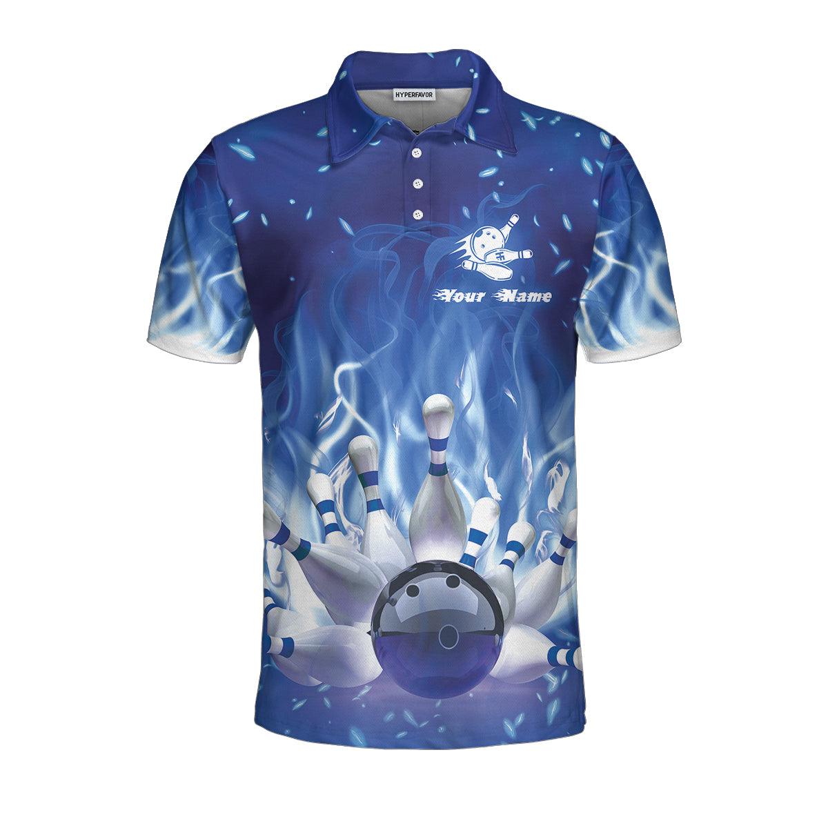 Bowling Men Polo Shirt Custom Name - Bowling On Blue Fire Personalized Bowling Polo Shirt - Gift For Friend, Family, Bowling Lovers - Amzanimalsgift