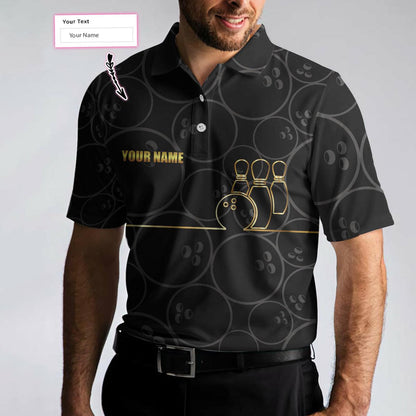 Bowling Men Polo Shirt Custom Name - Bowling Pattern And Golden Personalized Bowling Polo Shirt - Gift For Friend, Family, Bowling Lovers - Amzanimalsgift