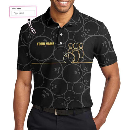 Bowling Men Polo Shirt Custom Name - Bowling Pattern And Golden Personalized Bowling Polo Shirt - Gift For Friend, Family, Bowling Lovers - Amzanimalsgift