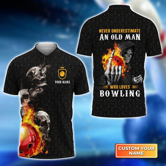 Bowling Men Polo Shirt Custom Name - Bowling Skull Never Underestimate An Old Man Who Loves Bowling Personalized Name Men Polo Shirt For Bowler,Family - Amzanimalsgift