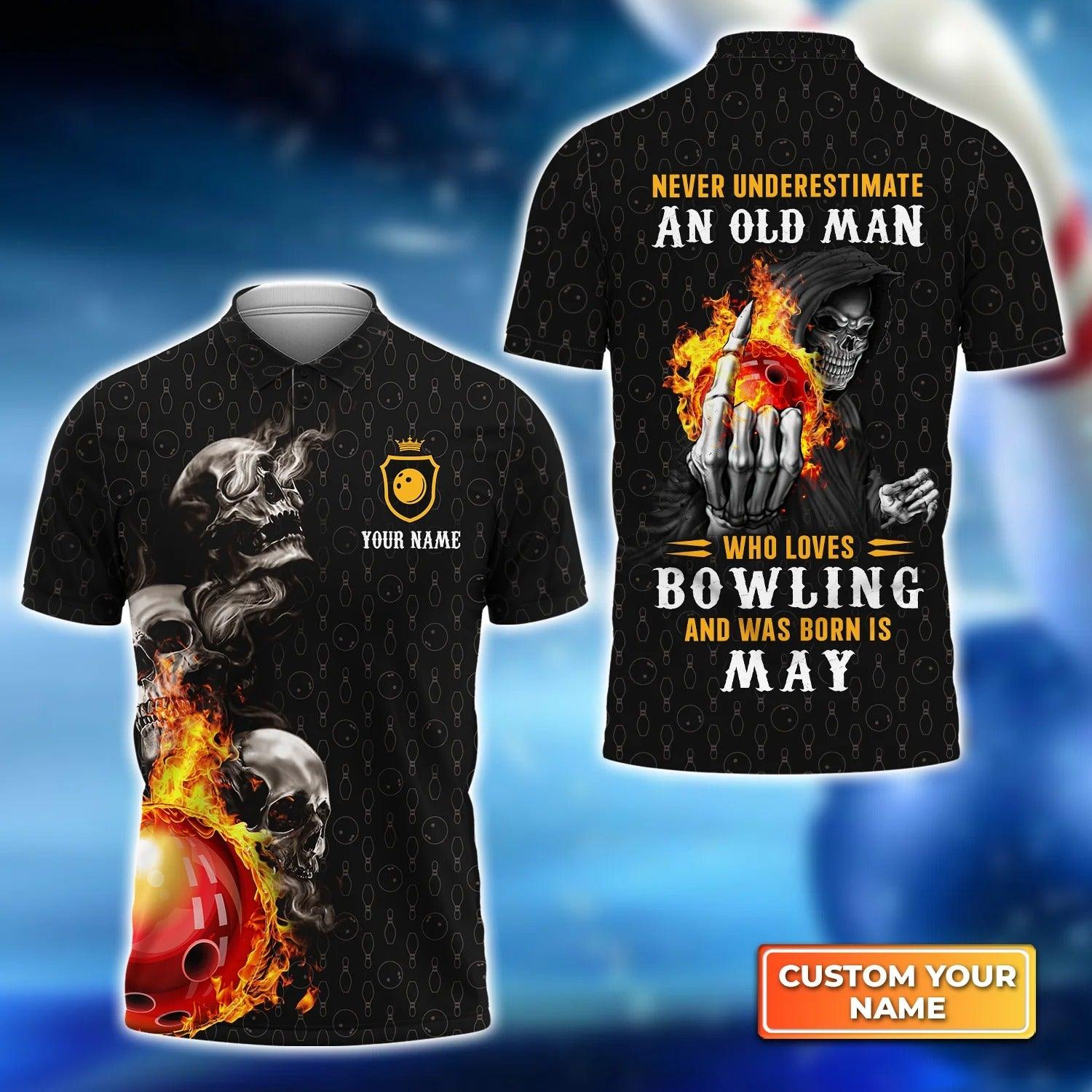 Bowling Men Polo Shirt Custom Name - Bowling Skull Who Loves Bowling And Was Born In May Personalized Polo Shirt For Men - Gift For Bowling Lovers, Friend, Family - Amzanimalsgift