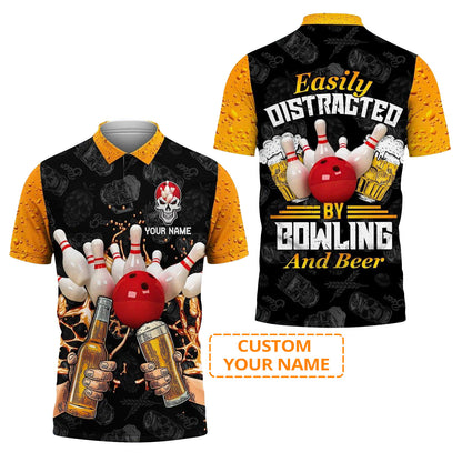 Bowling Men Polo Shirt Custom Name - Easily Distracted By Bowling And Beer Personalized Polo Shirt For Men - Gift For Bowling Lovers, Friend, Family