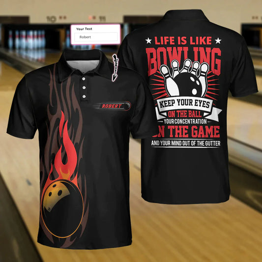 Bowling Men Polo Shirt Custom Name - Fire Bowling Keep Your Eyes On The Balls Bowling Personalized Bowling Polo Shirt - Gift For Friend, Family, Bowling Lovers - Amzanimalsgift