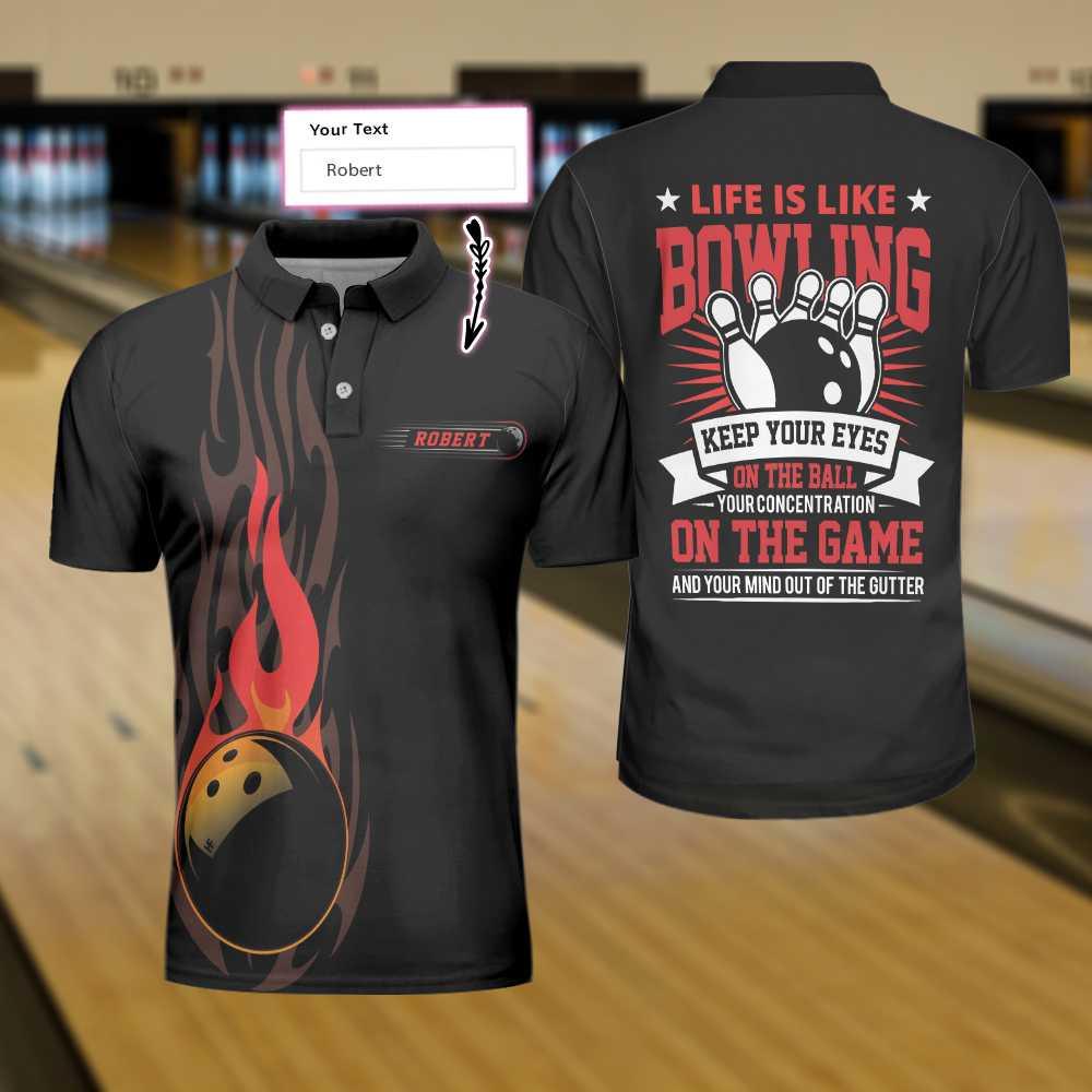 Bowling Men Polo Shirt Custom Name - Fire Bowling Keep Your Eyes On The Balls Bowling Personalized Bowling Polo Shirt - Gift For Friend, Family, Bowling Lovers - Amzanimalsgift