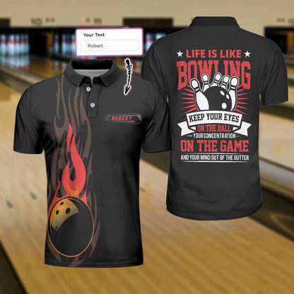 Bowling Men Polo Shirt Custom Name - Fire Bowling Keep Your Eyes On The Balls Bowling Personalized Bowling Polo Shirt - Gift For Friend, Family, Bowling Lovers - Amzanimalsgift