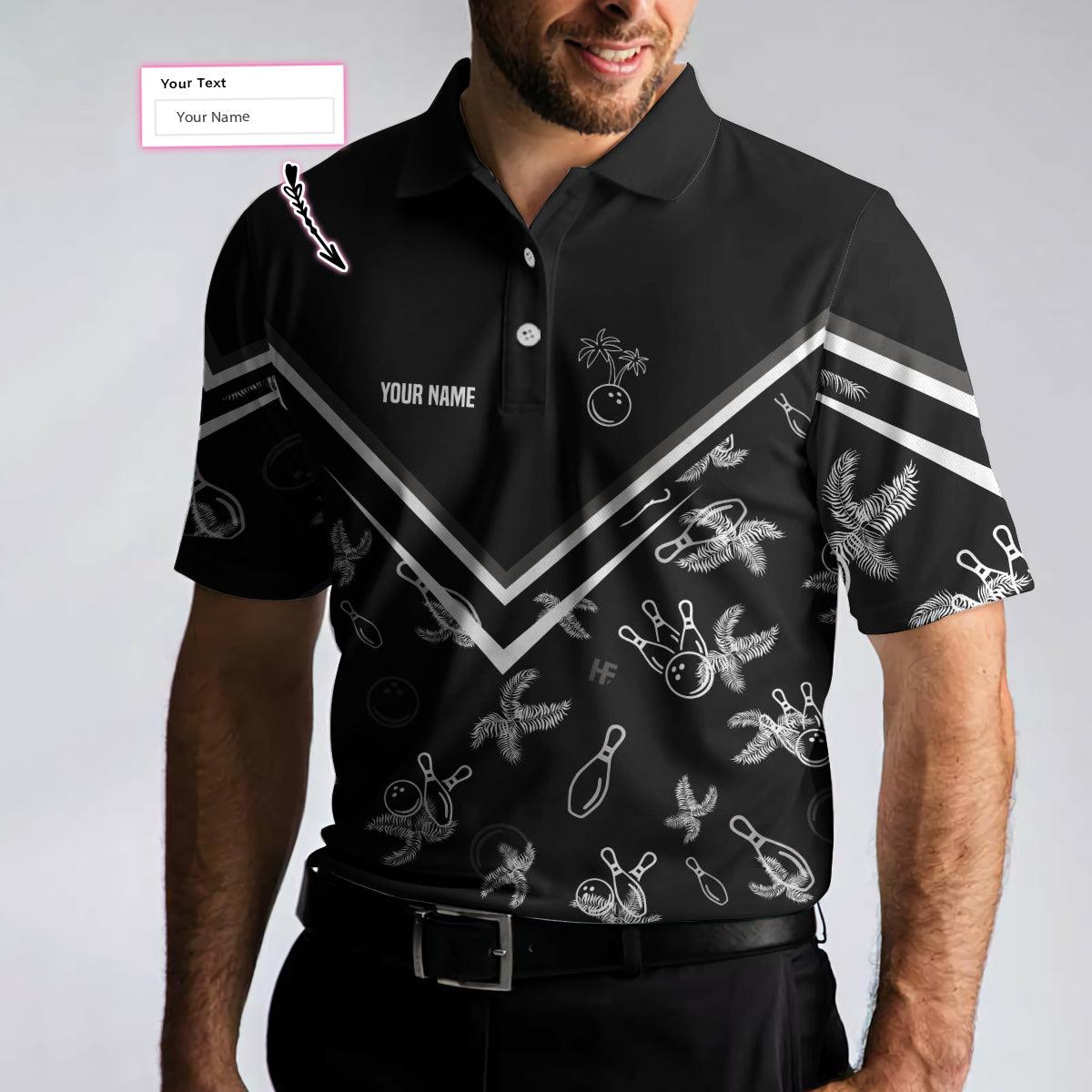 Bowling Men Polo Shirt Custom Name - Monochrome Tropical Pattern, Black Bowling Personalized Bowling Polo Shirt - Gift For Friend, Family, Bowling Lovers - Amzanimalsgift