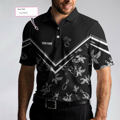 Bowling Men Polo Shirt Custom Name - Monochrome Tropical Pattern, Black Bowling Personalized Bowling Polo Shirt - Gift For Friend, Family, Bowling Lovers - Amzanimalsgift