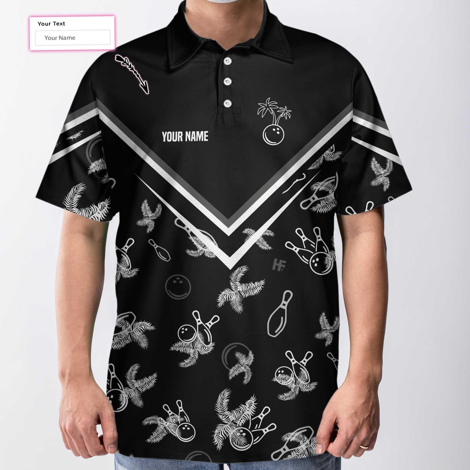 Bowling Men Polo Shirt Custom Name - Monochrome Tropical Pattern, Black Bowling Personalized Bowling Polo Shirt - Gift For Friend, Family, Bowling Lovers - Amzanimalsgift