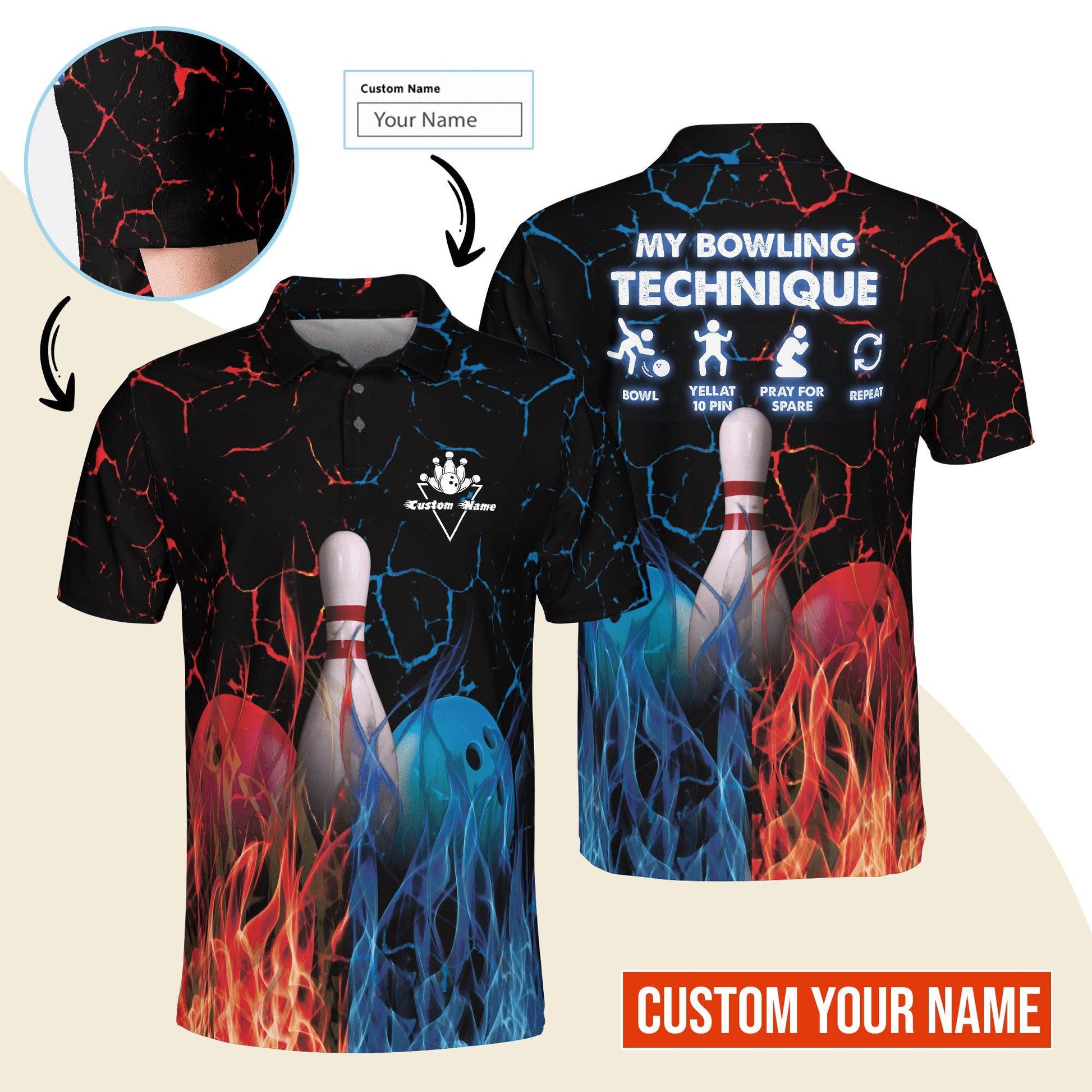 Bowling Men Polo Shirt Custom Name - My Bowling Technique Personalized Polo Shirt For Men - Gift For Bowlers, Bowling Lovers, Friend, Family - Amzanimalsgift