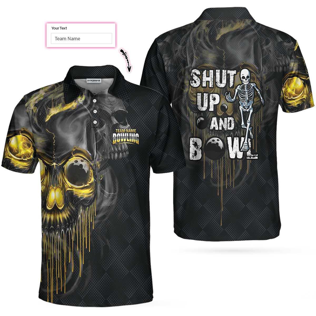 Bowling Men Polo Shirt Custom Name - Shut Up And Bowl Golden Skull Personalized Bowling Polo Shirt - Gift For Friend, Family, Bowling Lovers - Amzanimalsgift