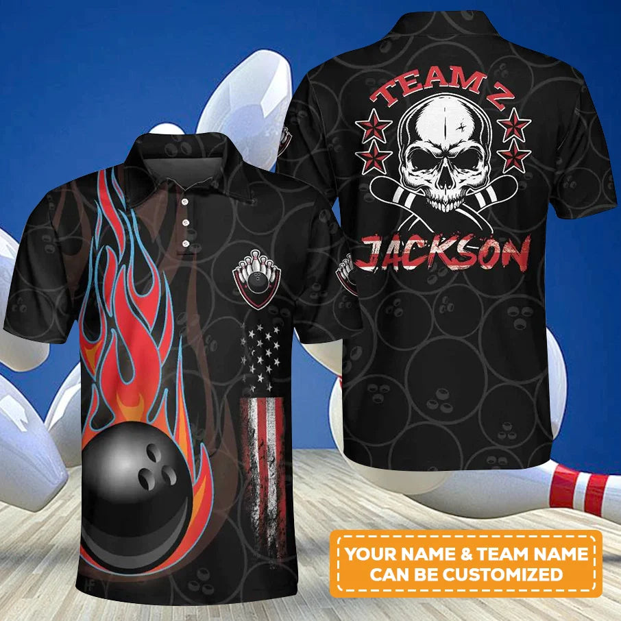 Bowling Men Polo Shirt Custom Name - Skull American Flag Personalized Bowling Polo Shirt - Gift For Friend, Family, Bowling Lovers - Amzanimalsgift