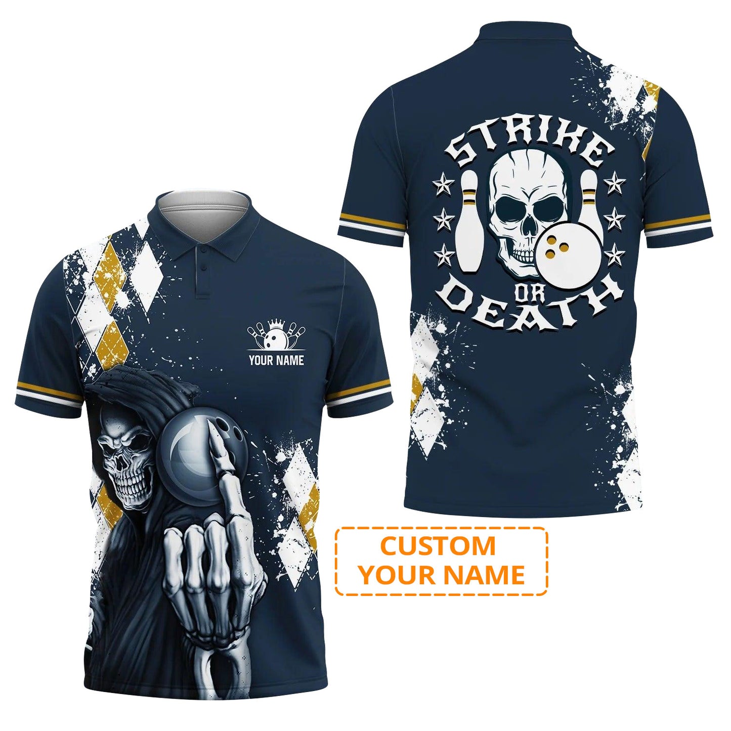 Bowling Men Polo Shirt Custom Name, Skull Polo Shirt, Blue Bowling Strike Or Death Personalized Name Men Polo Shirt For Bowler, Friend, Family