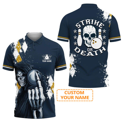 Bowling Men Polo Shirt Custom Name, Skull Polo Shirt, Blue Bowling Strike Or Death Personalized Name Men Polo Shirt For Bowler, Friend, Family