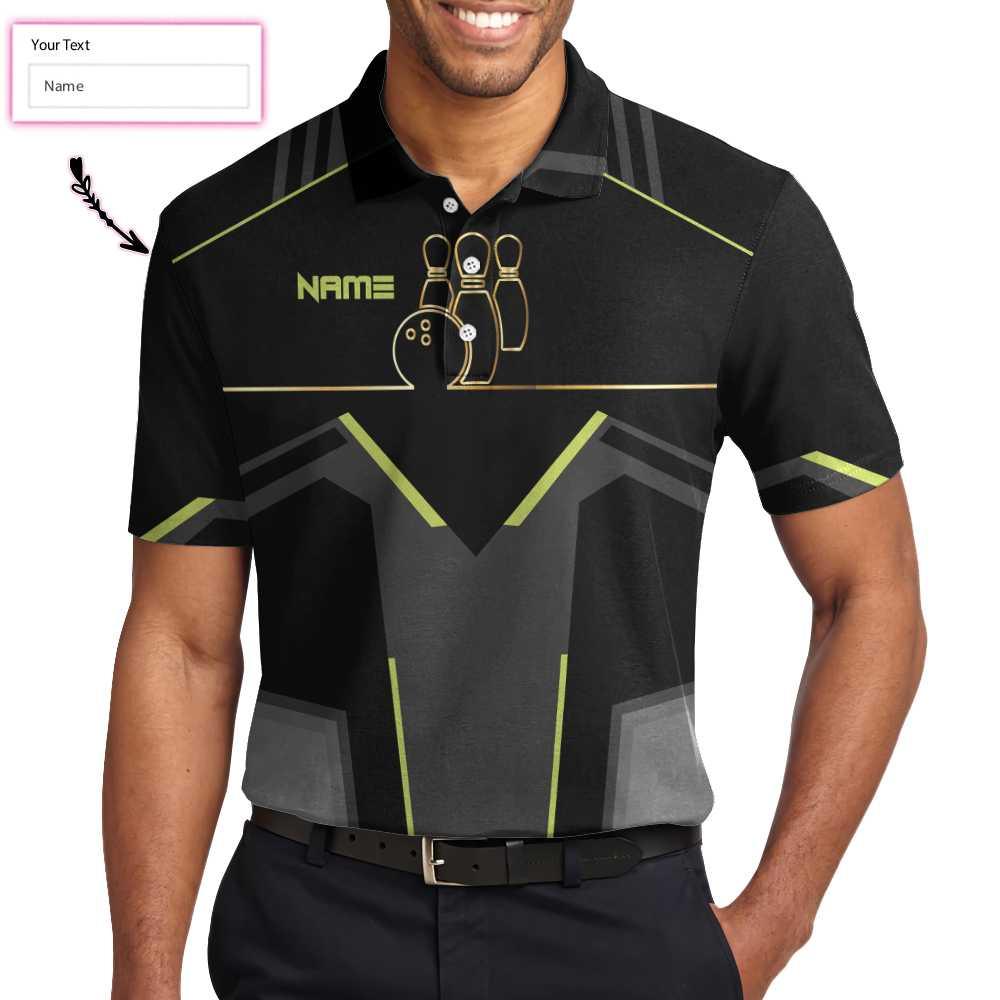 Bowling Men Polo Shirt Custom Name - Slow Roll Black And Golden Pattern Personalized Bowling Polo Shirt - Gift For Friend, Family, Bowling Lovers - Amzanimalsgift