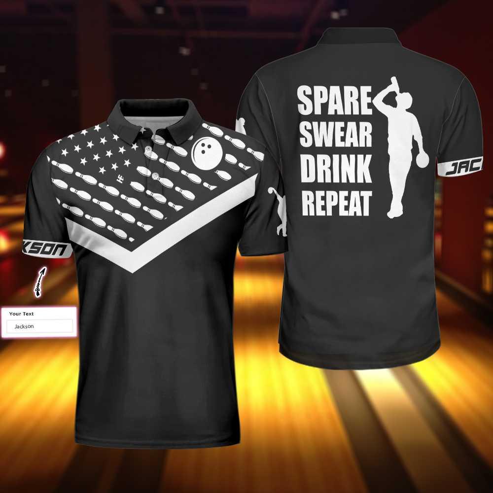 Bowling Men Polo Shirt Custom Name - Spear Swear Drink Repeat, Black American Flag Personalized Bowling Polo Shirt - Gift For Friend, Family, Bowling Lovers - Amzanimalsgift