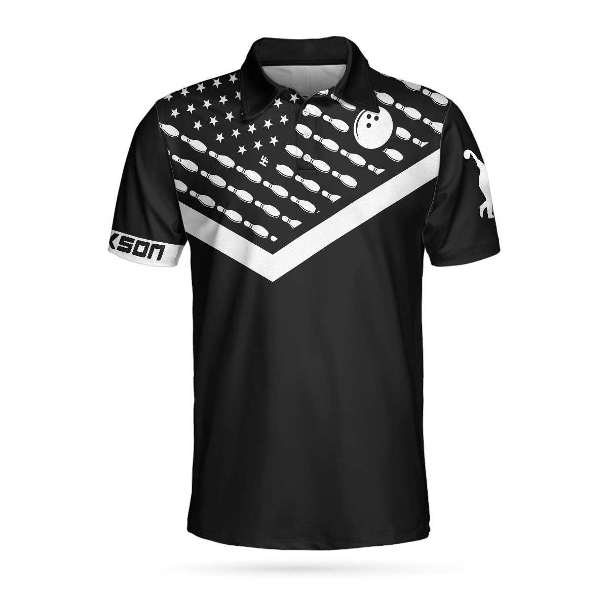 Bowling Men Polo Shirt Custom Name - Spear Swear Drink Repeat, Black American Flag Personalized Bowling Polo Shirt - Gift For Friend, Family, Bowling Lovers - Amzanimalsgift