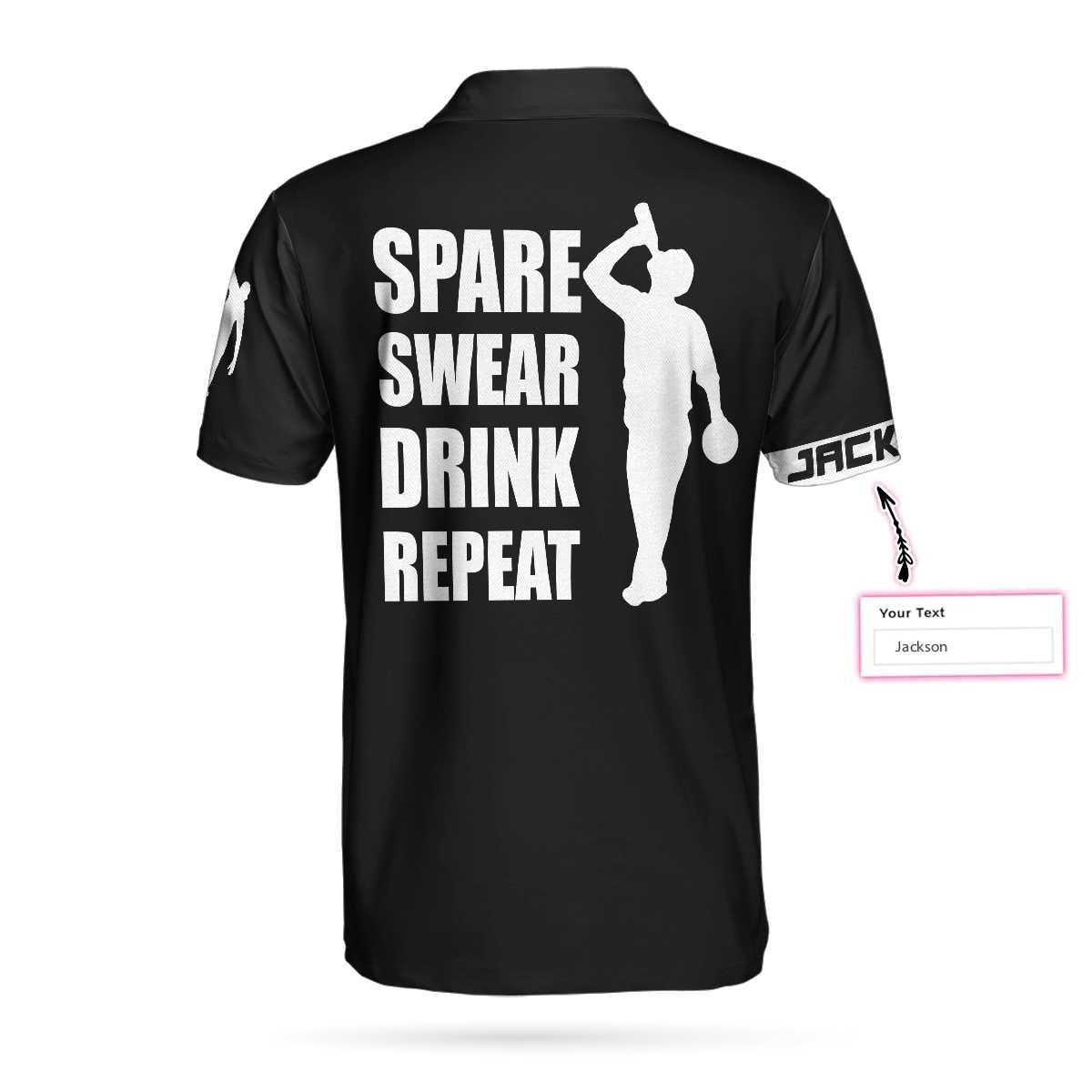 Bowling Men Polo Shirt Custom Name - Spear Swear Drink Repeat, Black American Flag Personalized Bowling Polo Shirt - Gift For Friend, Family, Bowling Lovers - Amzanimalsgift