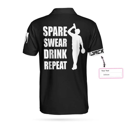 Bowling Men Polo Shirt Custom Name - Spear Swear Drink Repeat, Black American Flag Personalized Bowling Polo Shirt - Gift For Friend, Family, Bowling Lovers - Amzanimalsgift