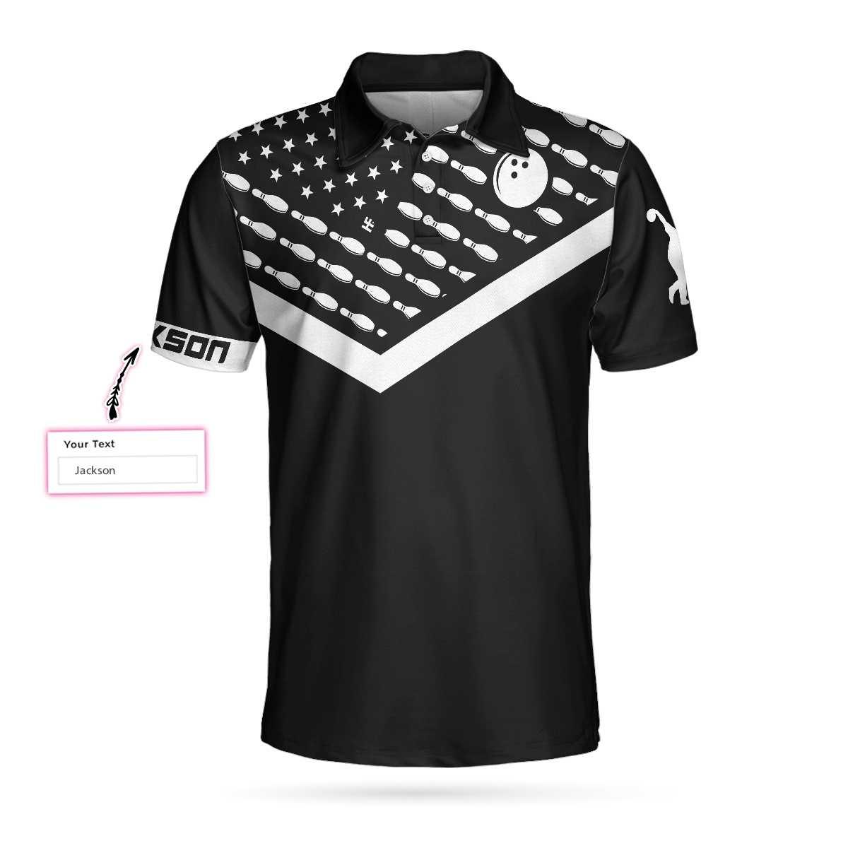 Bowling Men Polo Shirt Custom Name - Spear Swear Drink Repeat, Black American Flag Personalized Bowling Polo Shirt - Gift For Friend, Family, Bowling Lovers - Amzanimalsgift
