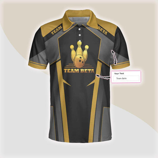 Bowling Men Polo Shirt Custom Team Name - Golden Bowling Personalized Bowling Polo Shirt - Gift For Friend, Family, Bowling Lovers - Amzanimalsgift