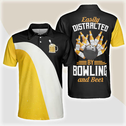 Bowling Men Polo Shirt - Easily Distracted By Bowling And Beer, Funny Drinking Bowling Polo Shirt - Gift For Friend, Family, Bowling Lovers - Amzanimalsgift