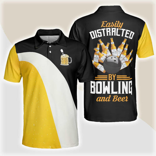 Bowling Men Polo Shirt - Easily Distracted By Bowling And Beer, Funny Drinking Bowling Polo Shirt - Gift For Friend, Family, Bowling Lovers - Amzanimalsgift