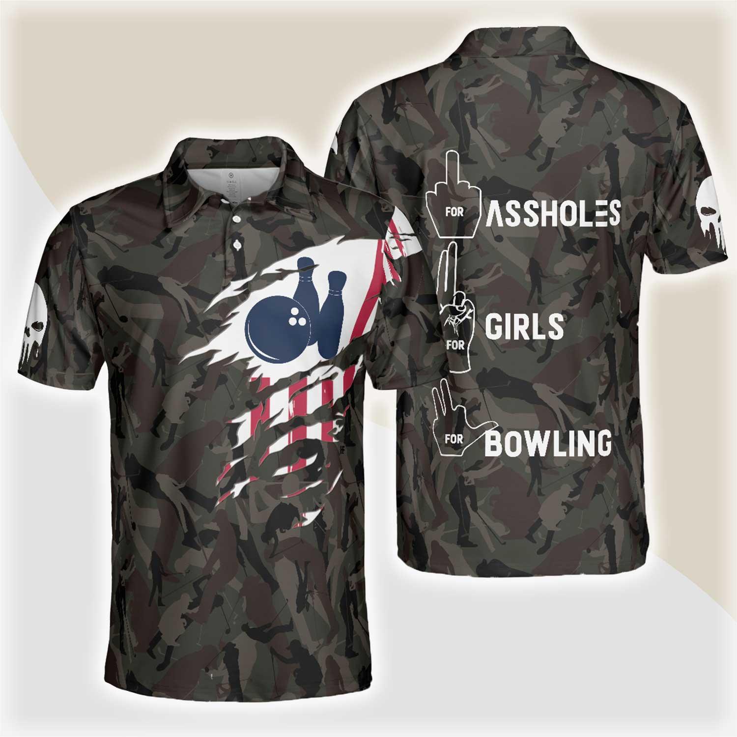Bowling Men Polo Shirt - Hand Instruction American Flag Camouflage Bowling Polo Shirt - Gift For Friend, Family, Bowling Lovers - Amzanimalsgift
