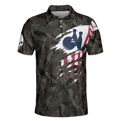 Bowling Men Polo Shirt - Hand Instruction American Flag Camouflage Bowling Polo Shirt - Gift For Friend, Family, Bowling Lovers - Amzanimalsgift