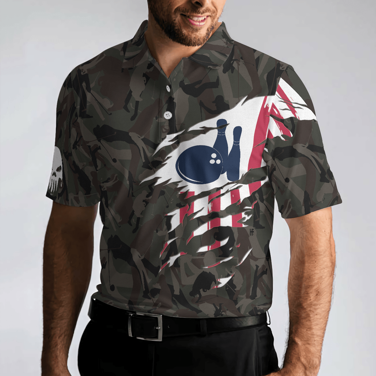 Bowling Men Polo Shirt - Hand Instruction American Flag Camouflage Bowling Polo Shirt - Gift For Friend, Family, Bowling Lovers - Amzanimalsgift