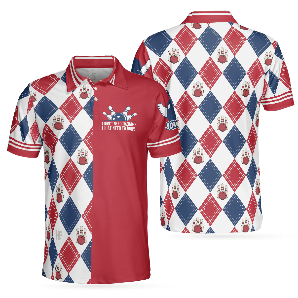 Bowling Men Polo Shirt - I Don't Need Therapy I Just Need To Bowl Polo Shirt, Argyle Pattern Bowling Polo Shirt - Gift For Friend, Family, Bowling Lovers - Amzanimalsgift