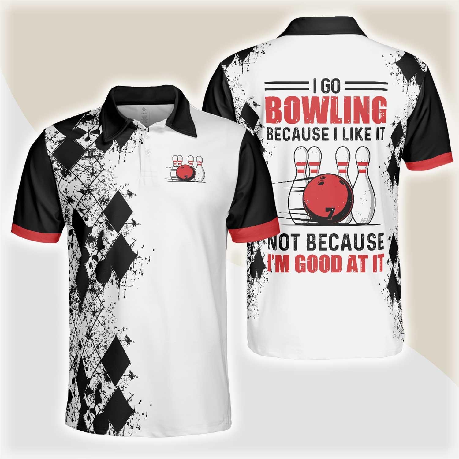 Bowling Men Polo Shirt - I Go Bowling Because I Like It Polo Shirt, Black Argyle Pattern Bowling Polo Shirt - Gift For Friend, Family, Bowling Lovers - Amzanimalsgift